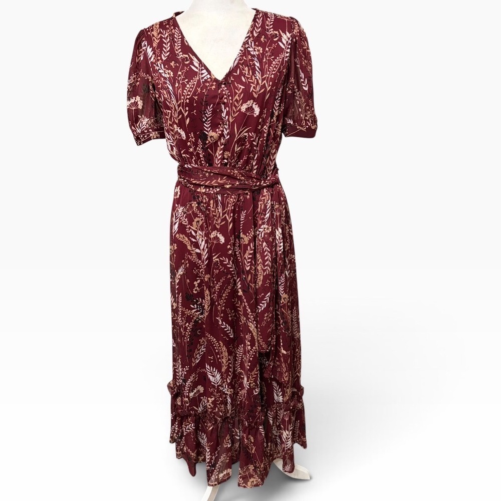 Calvin Klein Burgundy Floral Maxi Dress Tiered Ruffle Women's Size 6
